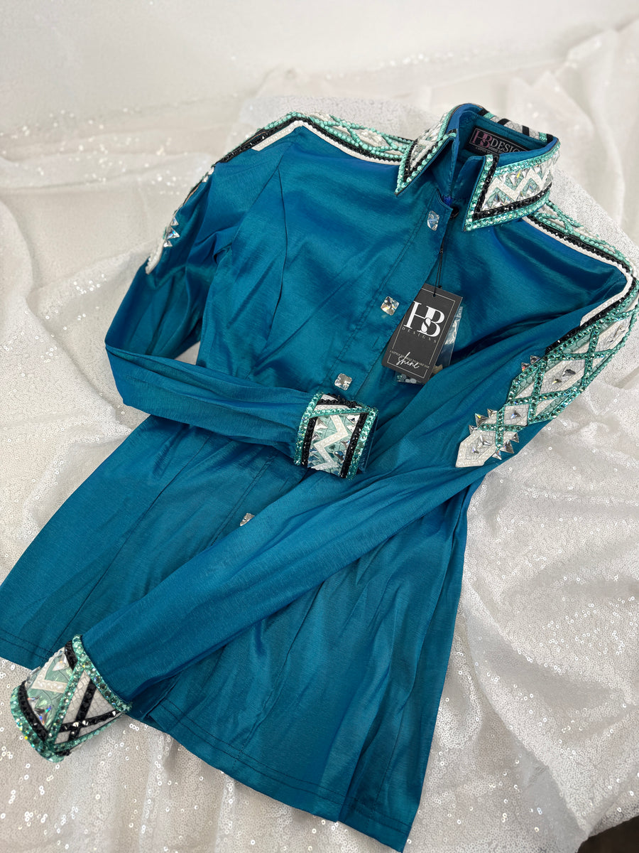 GLAM Iridescent Teal w/ Seafoam/Mint, Black and White Stretch Taffeta Day Shirt 1314