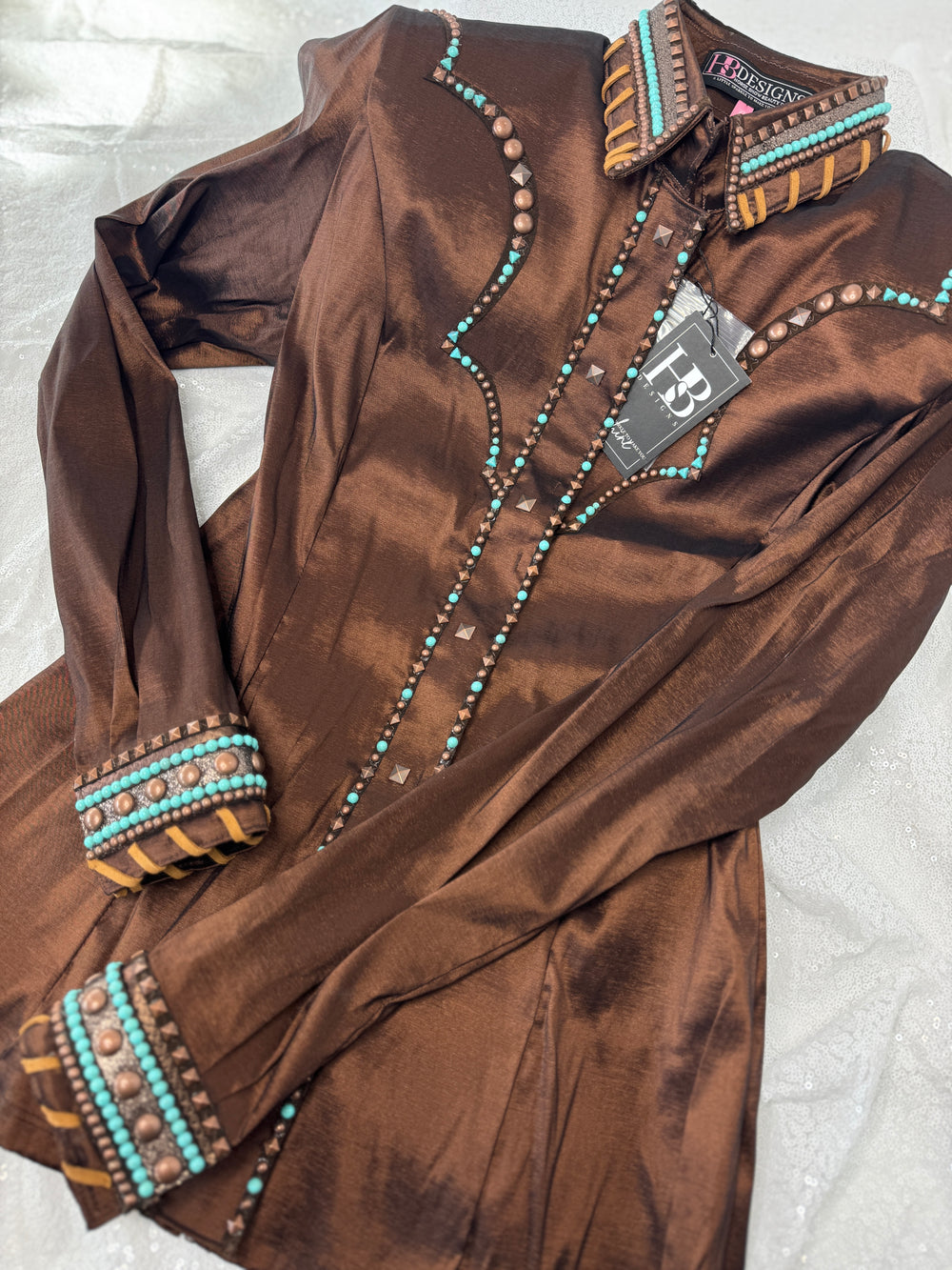 SOUTHWESTERN Milk Chocolate, Whiskey & Turquoise Stretch Taffeta Day Shirt 1011