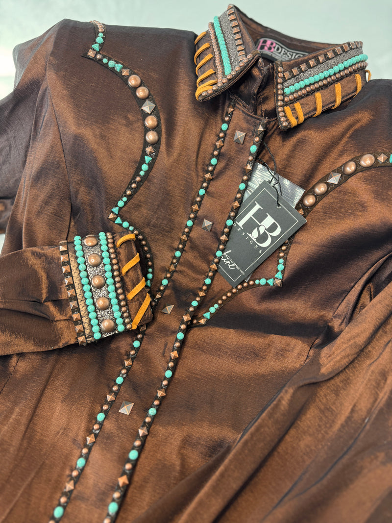 SOUTHWESTERN Milk Chocolate, Whiskey & Turquoise Stretch Taffeta Day Shirt 1011