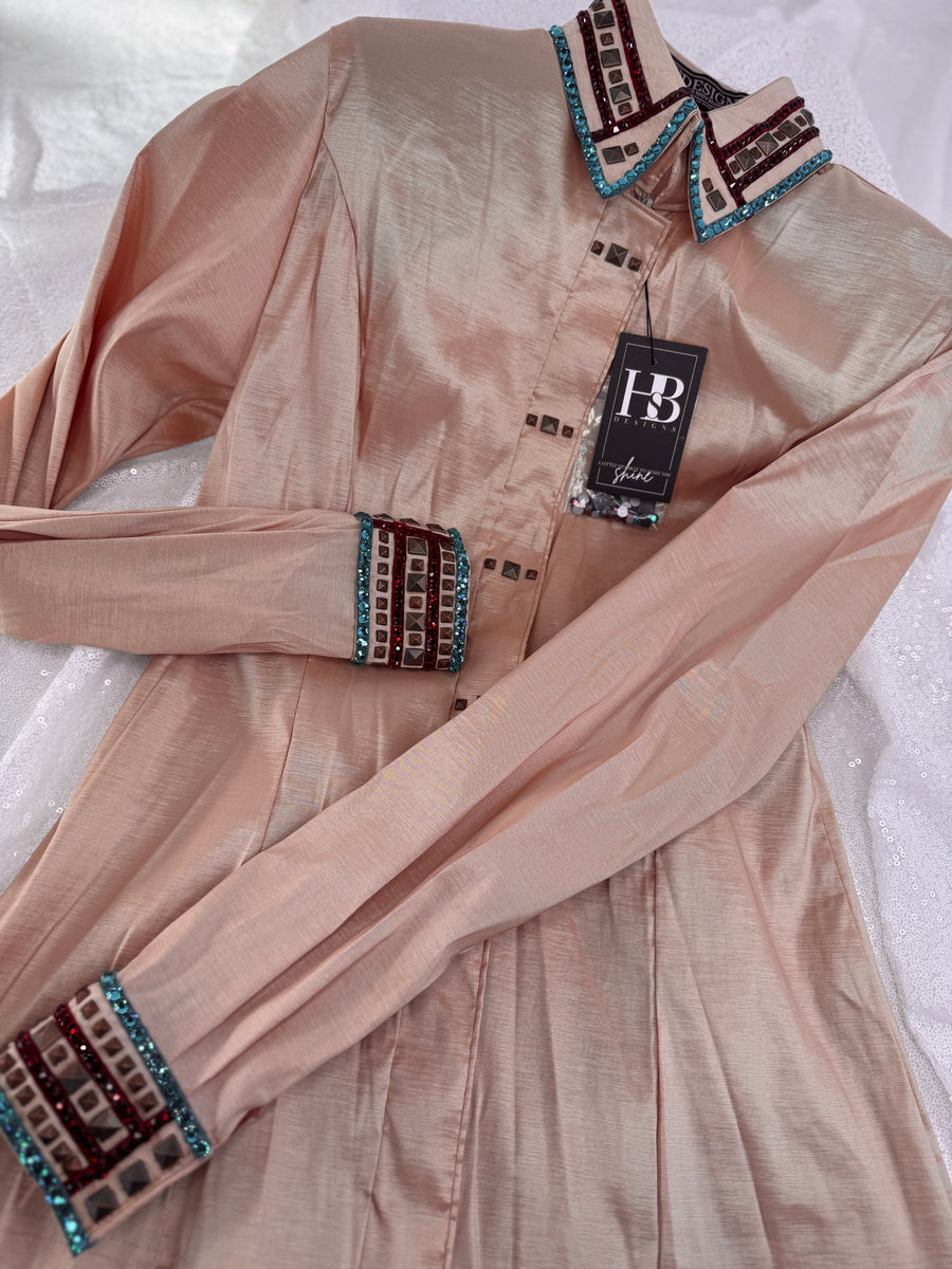 LUXE Beige, Turquoise and Red Stretch Taffeta Day Shirt 1195