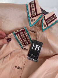 LUXE Beige, Turquoise and Red Stretch Taffeta Day Shirt