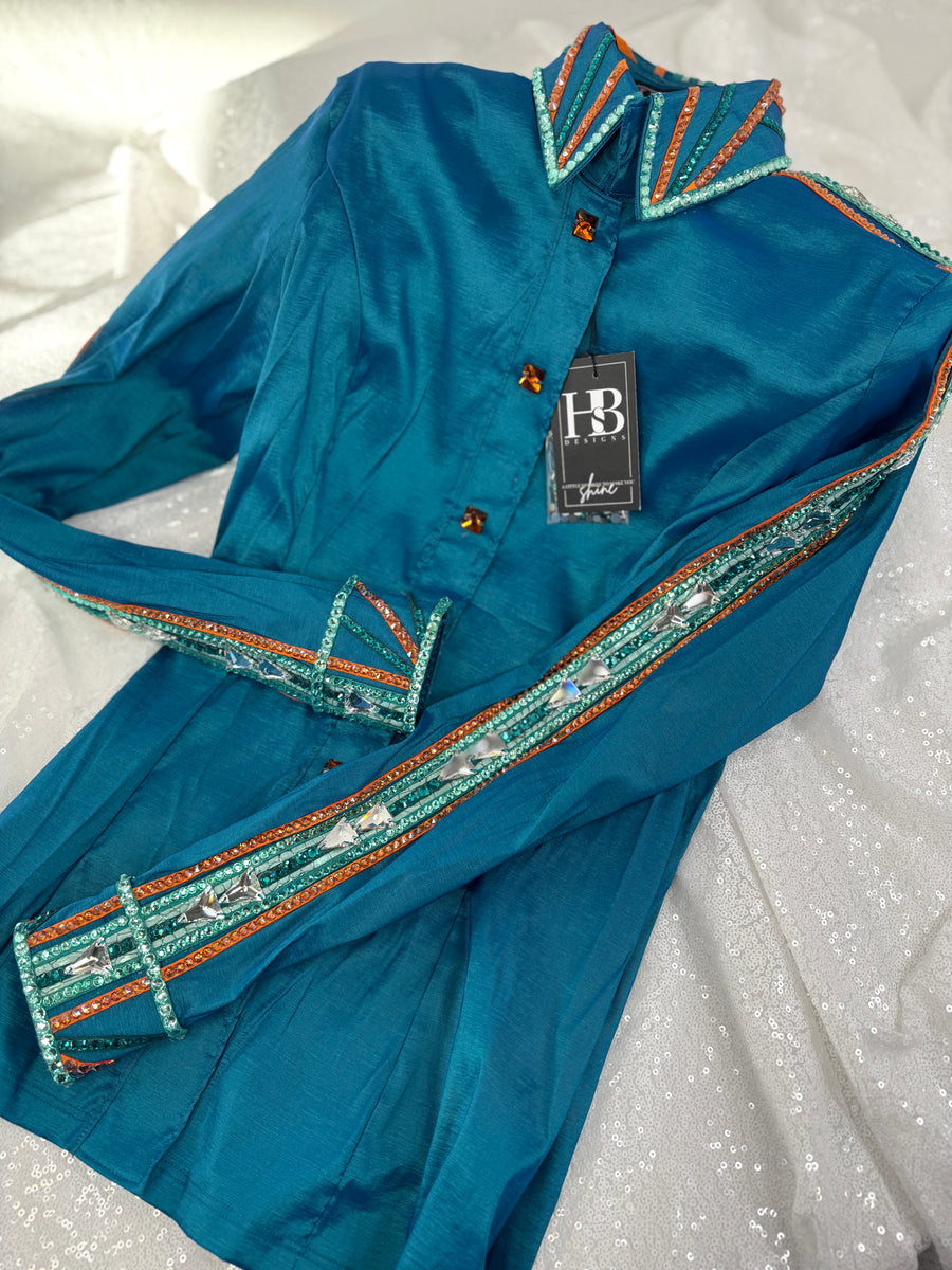 GLAM Iridescent Teal w/ Seafoam/Mint and OrangeStretch Taffeta Day Shirt 1315