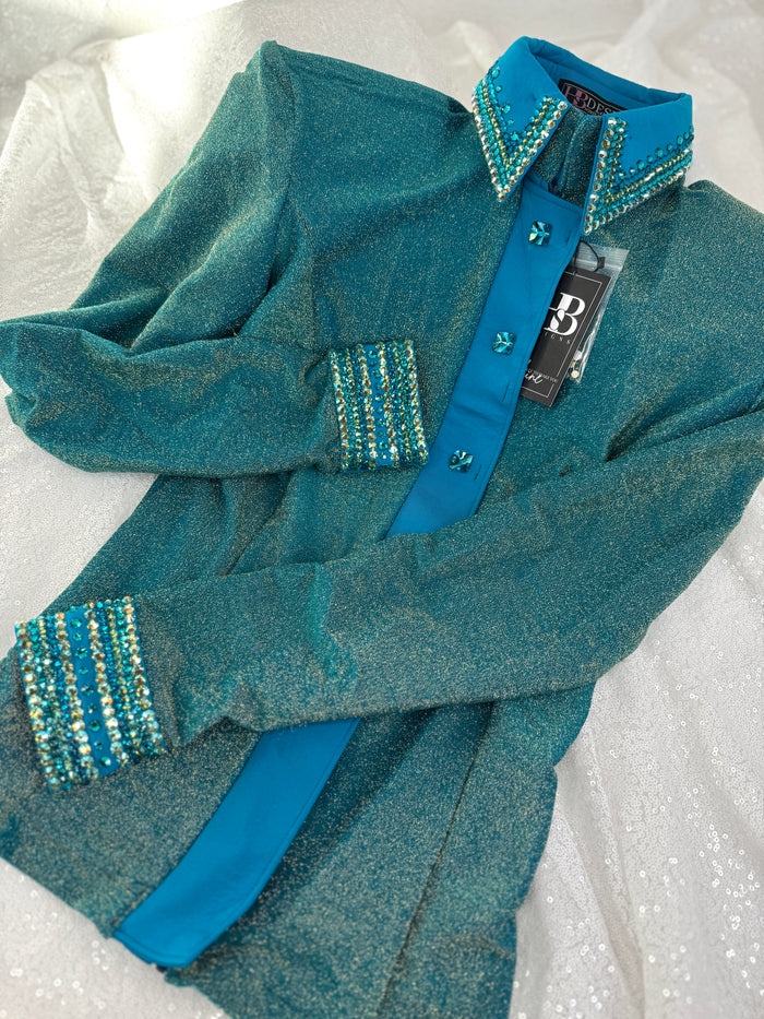 GLITZY Teal and Gold Sparkle Spandex Stretch Day Shirt 1202