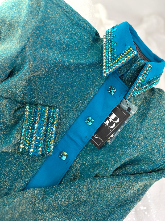 GLITZY Teal and Gold Sparkle Spandex Stretch Day Shirt 1202