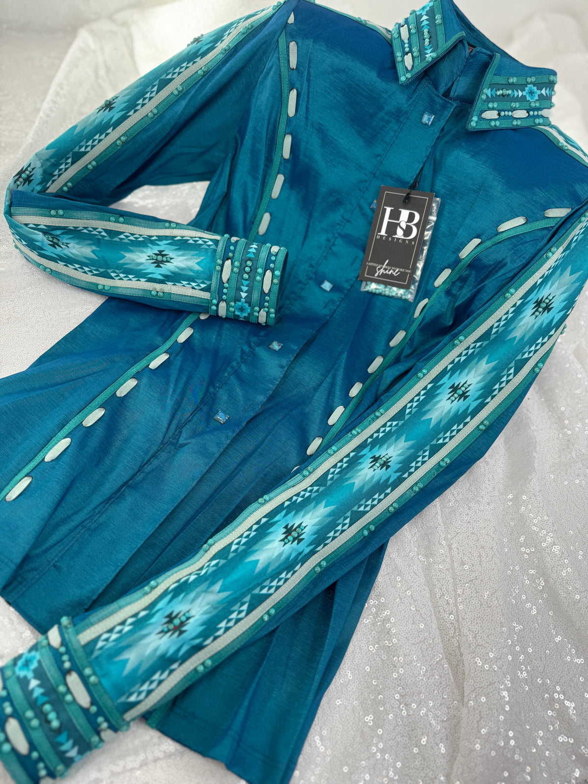 SOUTHWESTERN Iridescent Teal & Turquoise Stretch Taffeta Day Shirt 1013
