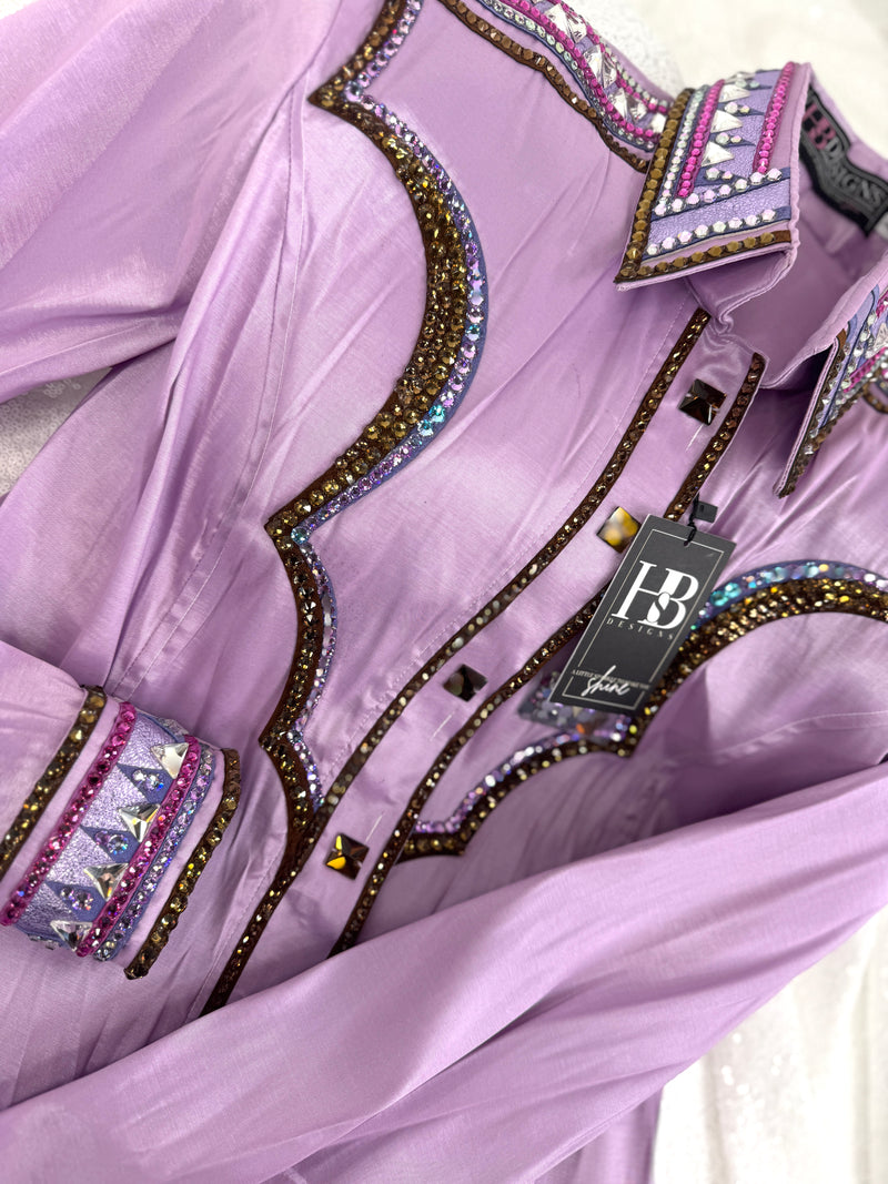 YOKED GLAM Lilac w/ Fuchsia, Chocolate Brown & Lavender Stretch Taffeta Day Shirt 1003