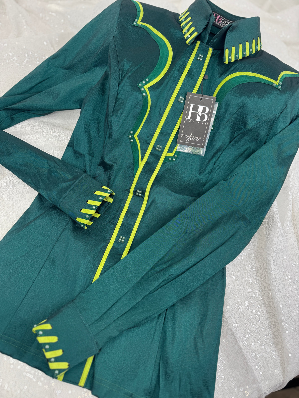 SOUTHWESTERN Emerald Green w/ Lime Green Stretch Taffeta Day Shirt 1015