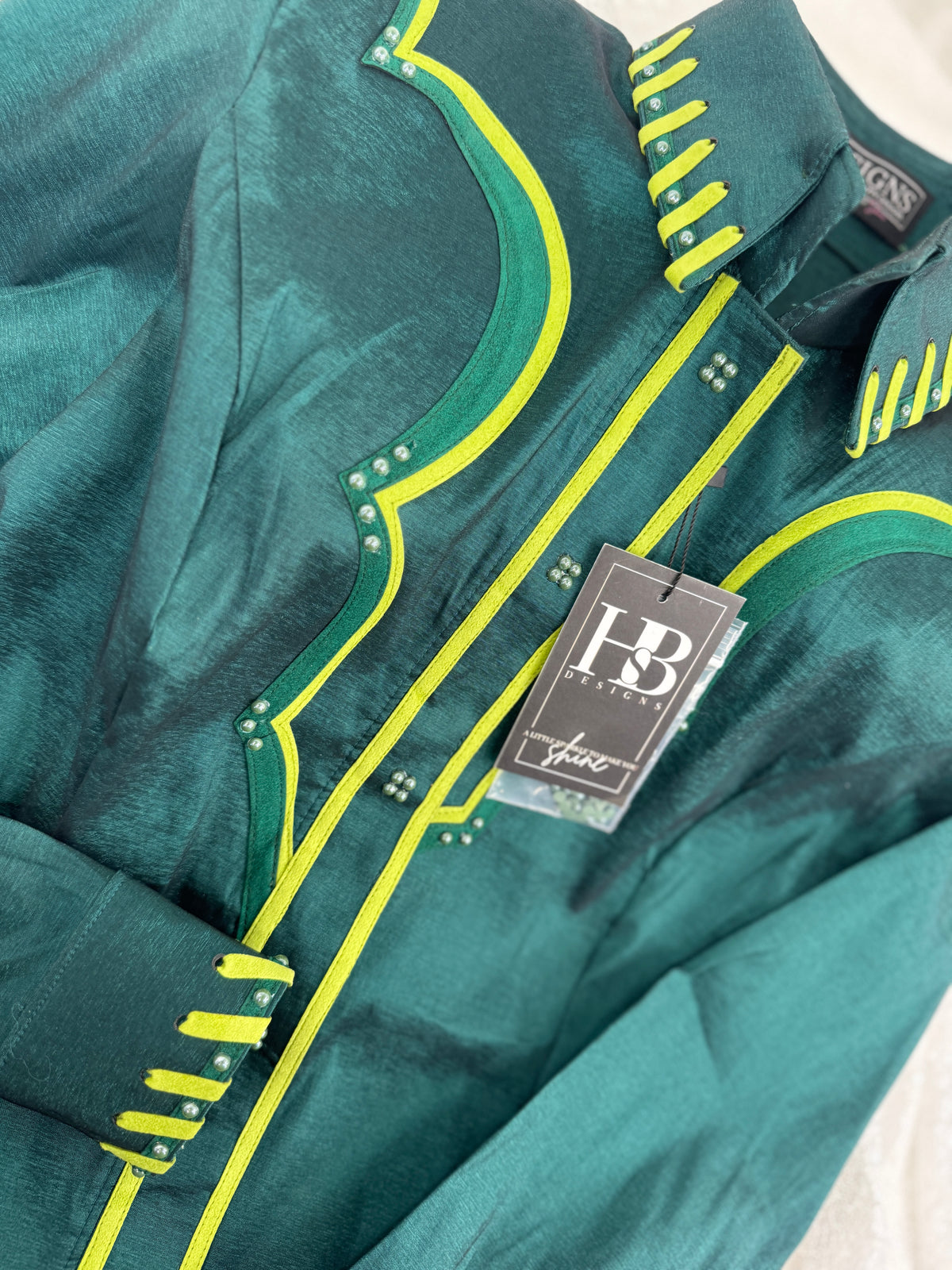 SOUTHWESTERN Emerald Green w/ Lime Green Stretch Taffeta Day Shirt 1015