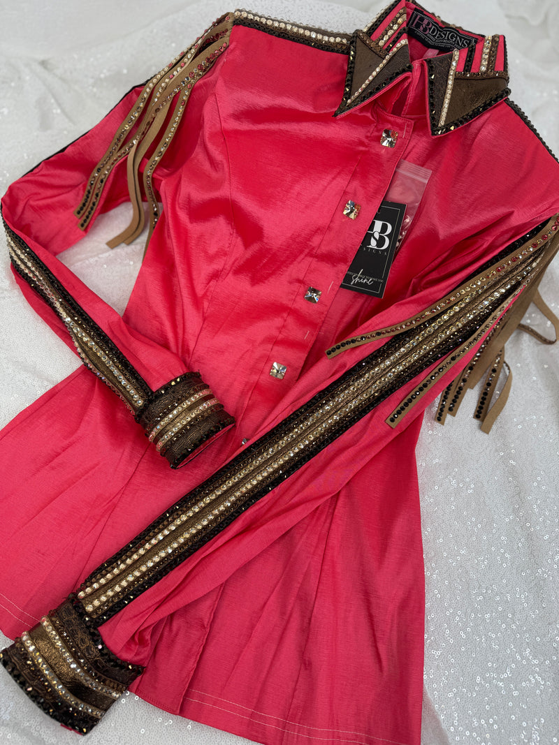 GLAM Hot Coral w/ Bronze, Camel & Chocolate Stretch Taffeta Day Shirt