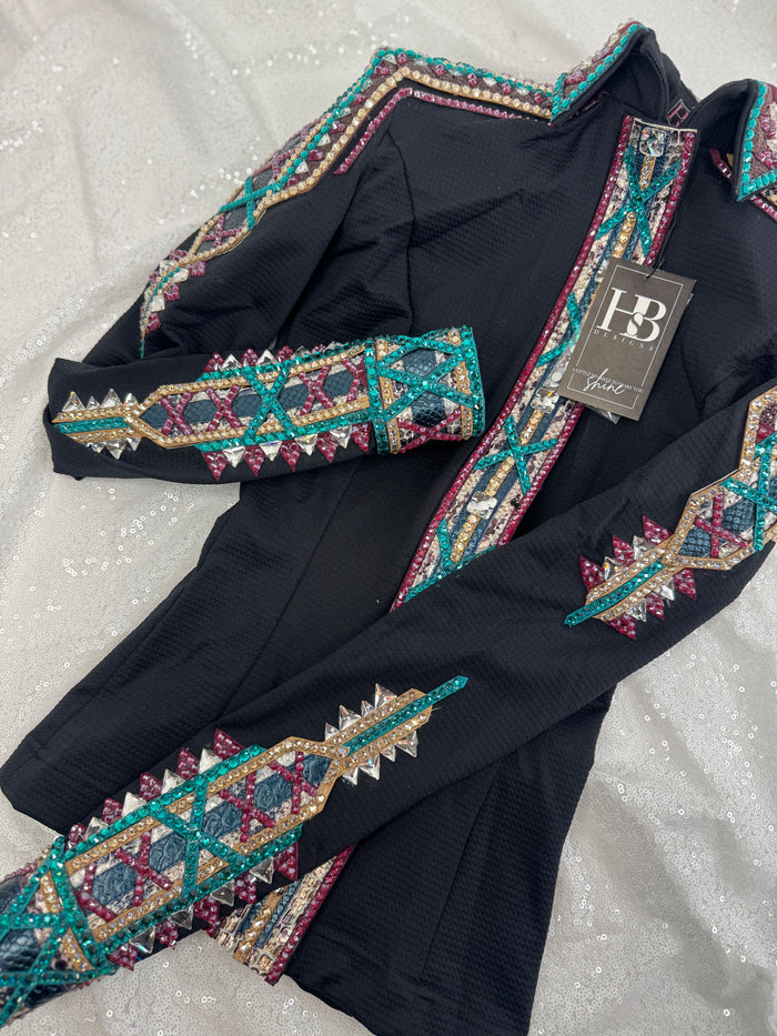 GLAM Black w/ Teal, Burgundy and Camel Textured Compression Spandex Day Shirt