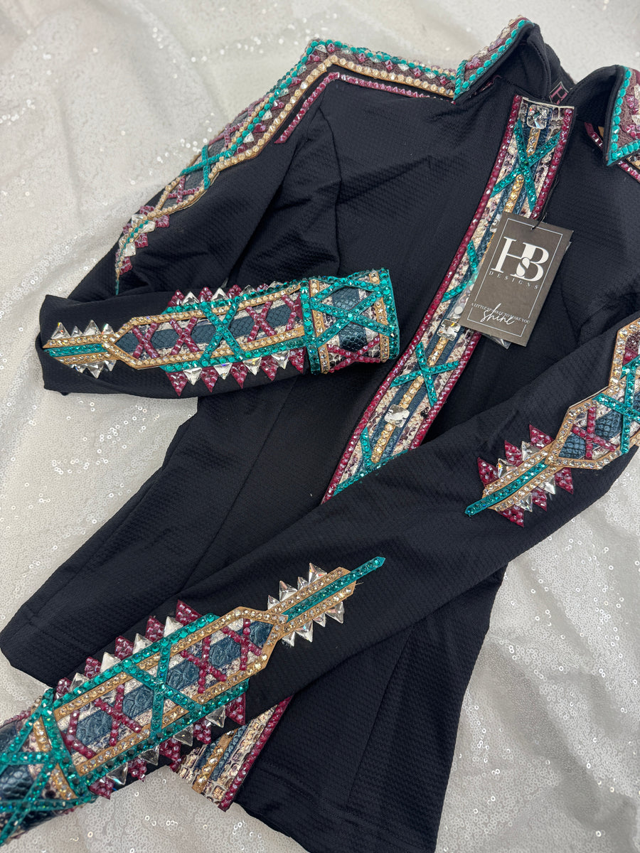 *FLASH SALE* GLAM Black w/ Teal, Burgundy and Camel Textured Compression Spandex Day Shirt 1339