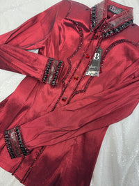 YOKED GLAM Iridescent Burgundy & Black Stretch Taffeta Day Shirt