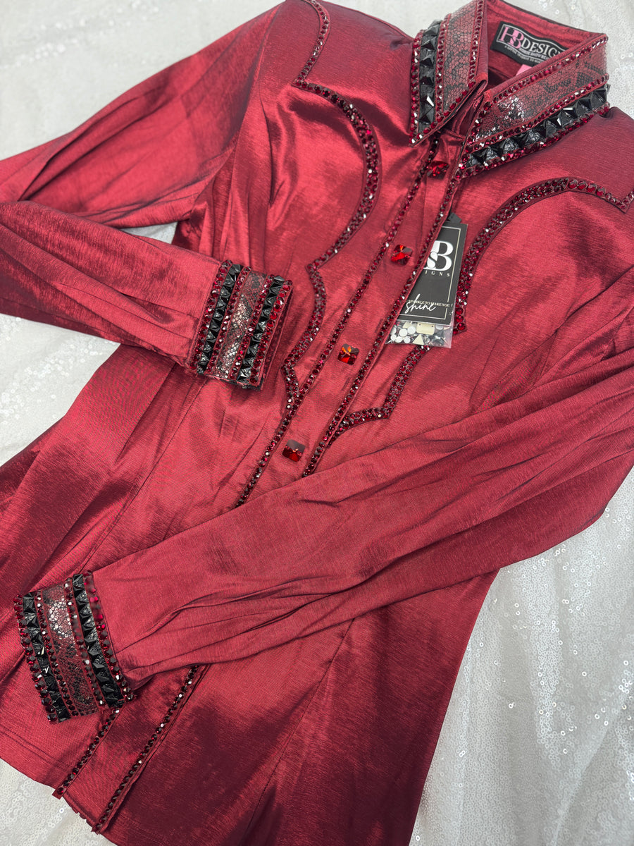 YOKED GLAM Iridescent Burgundy & Black Stretch Taffeta Day Shirt 1004