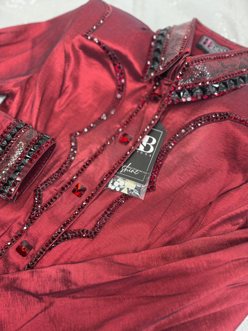 YOKED GLAM Iridescent Burgundy & Black Stretch Taffeta Day Shirt