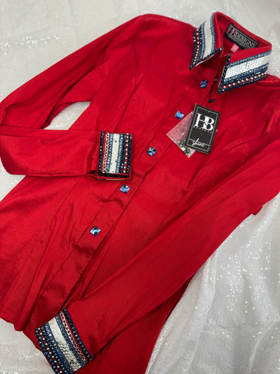 LUXE Bright Red w/ Navy, Denim and White Stretch Taffeta Day Shirt 1189