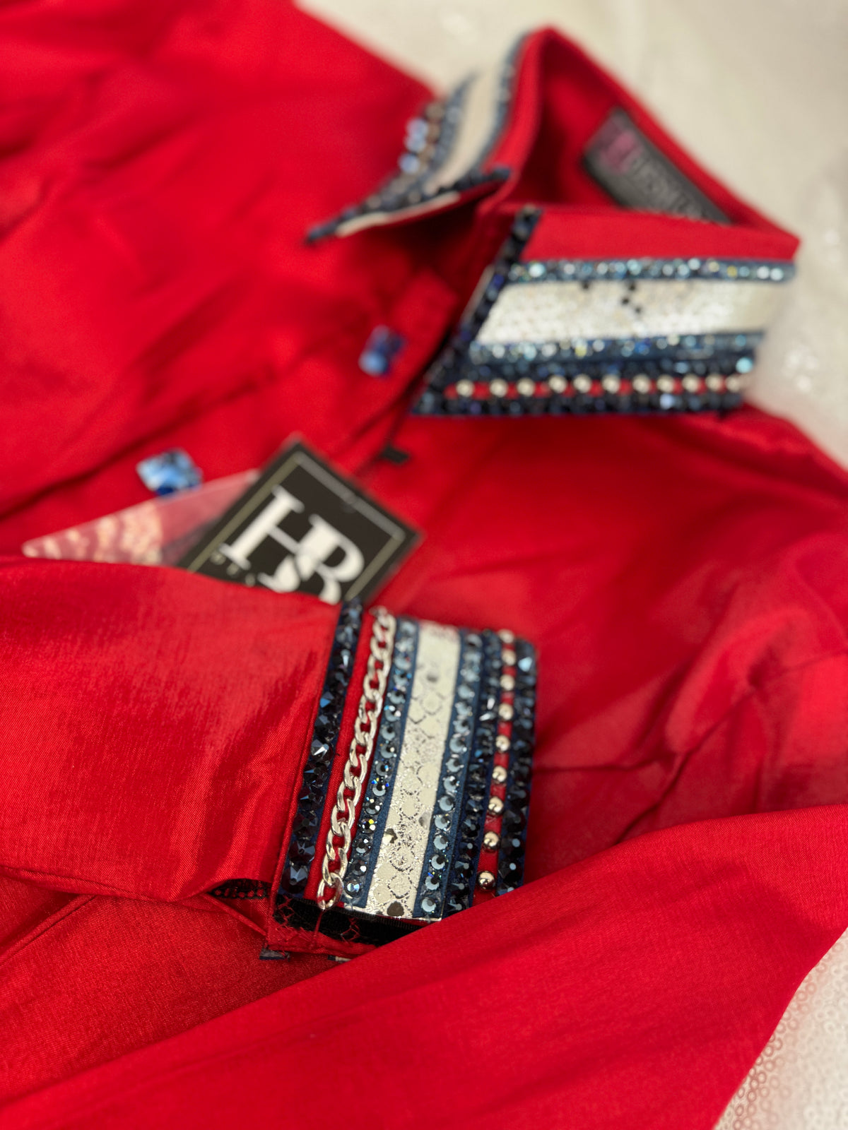 LUXE Bright Red w/ Navy, Denim and White Stretch Taffeta Day Shirt