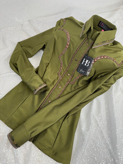 SOUTHWESTERN YOKED Olive Green Shiny Spandex Day Shirt 1347