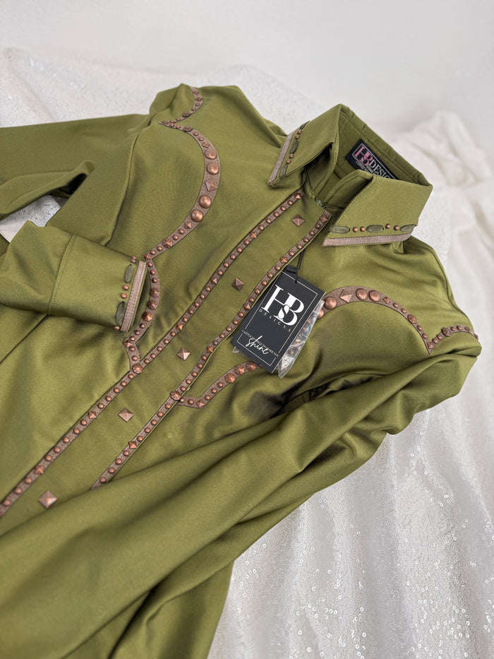 SOUTHWESTERN YOKED Olive Green Shiny Spandex Day Shirt 1347