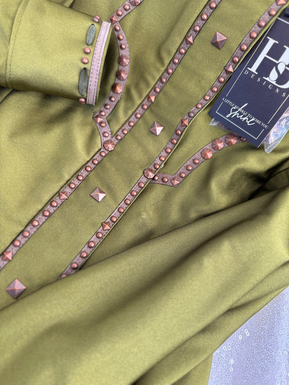 SOUTHWESTERN YOKED Olive Green Shiny Spandex Day Shirt 1347