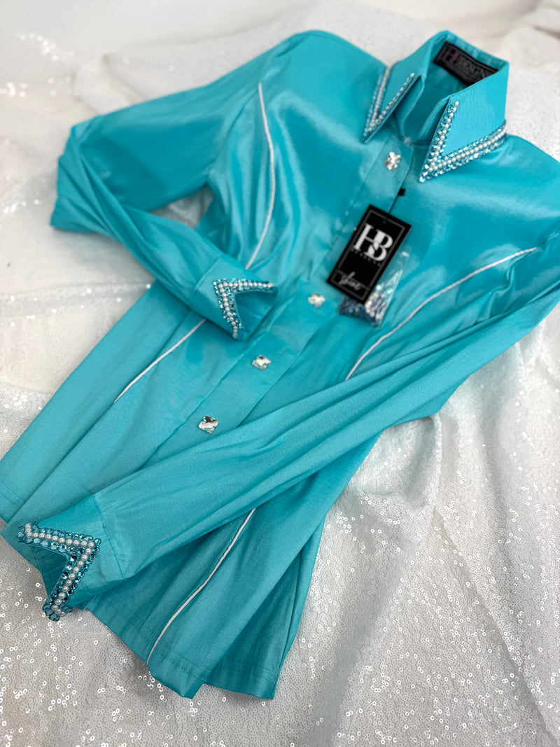 SIMPLY Aqua & White Stretch Taffeta Day Shirt 1348