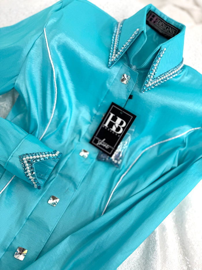 SIMPLY Aqua & White Stretch Taffeta Day Shirt 1348