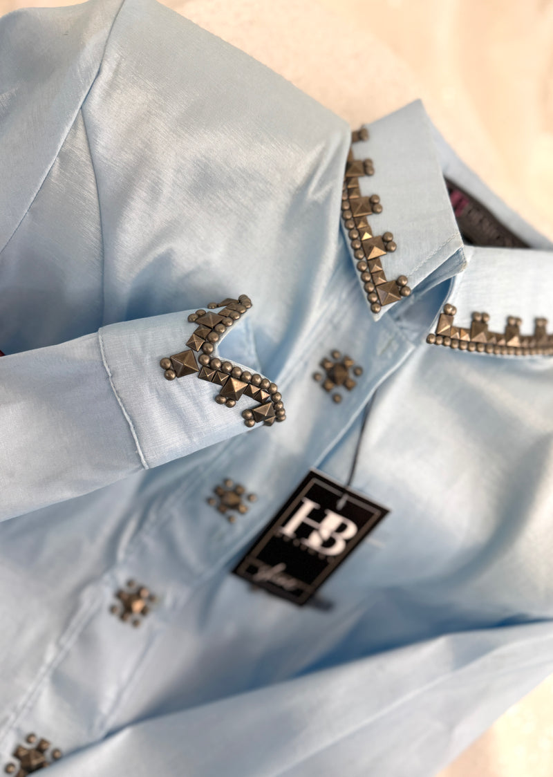 SIMPLY SOUTHWESTERN Icey Blue w/ Antique Silver Stretch Taffeta Day Shirt 1351