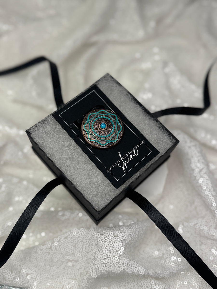 Antique Copper and Turquoise Aztec Circle Concho Necktie Magnet 1046