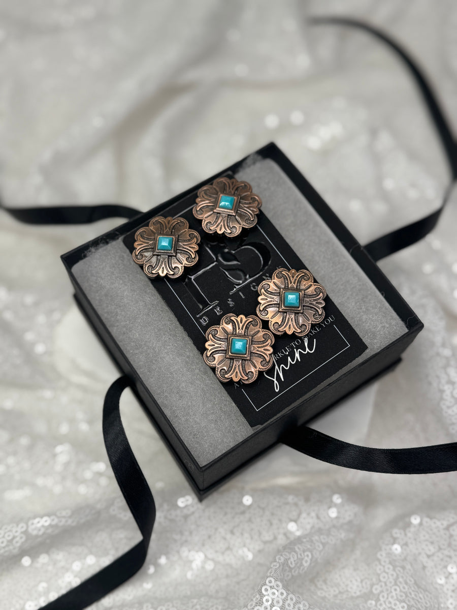 Antique Copper & Turquoise Floral Cross Concho Number Magnets 1038