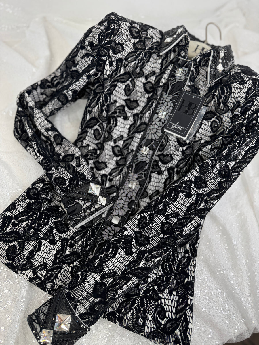 *PRE-LOVED*GLAM Black & White Lace Overlay Stretch Day Shirt 1367