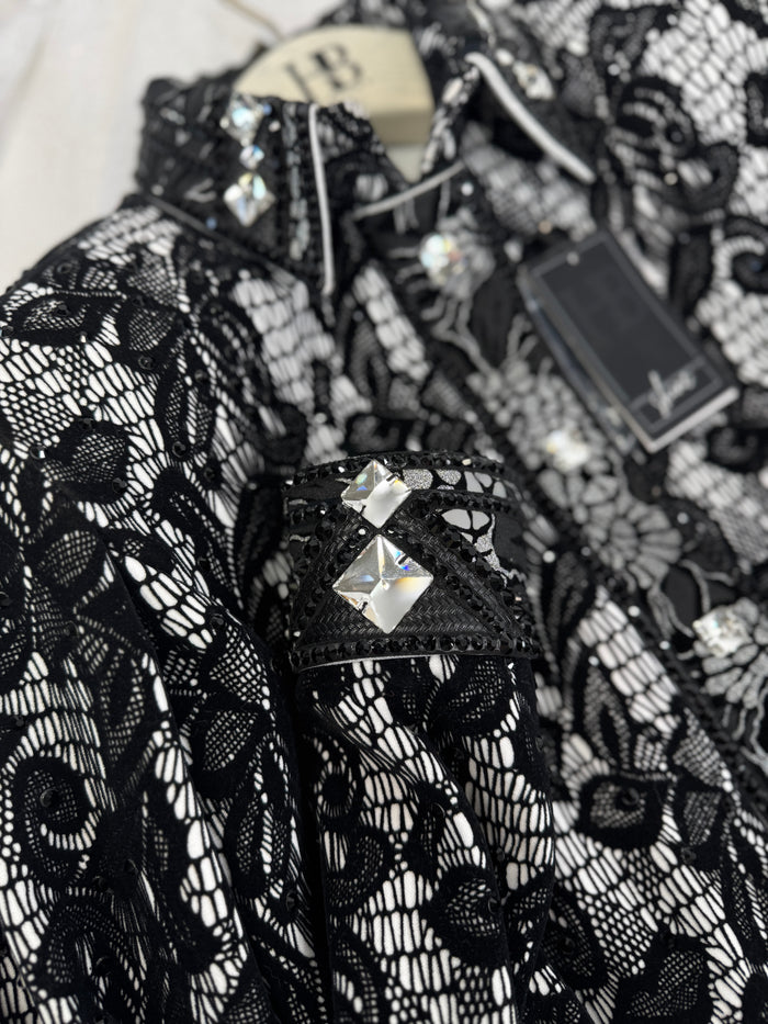 GLAM Black & White Lace Overlay Stretch Day Shirt 1367