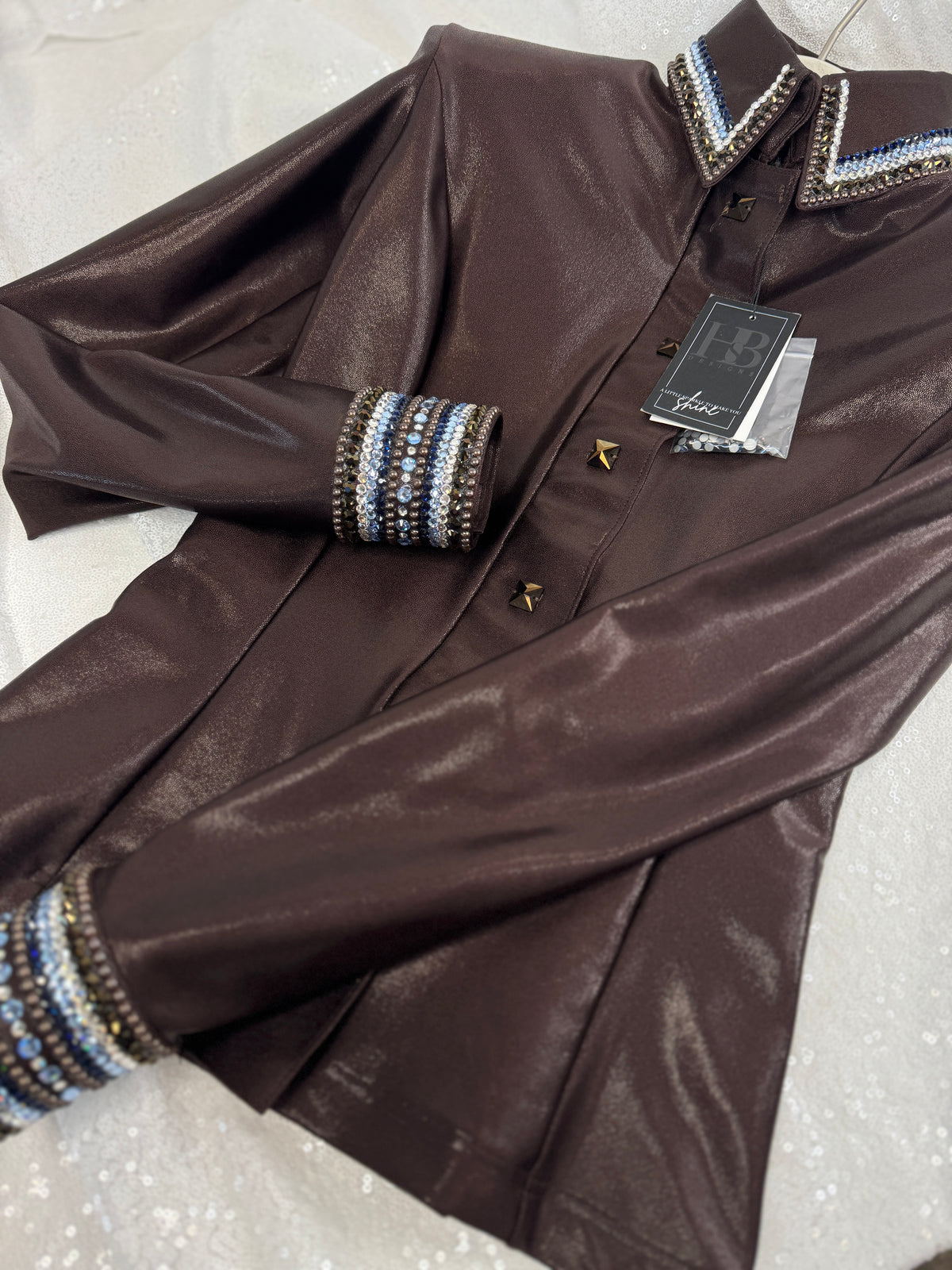 GLITZY Espresso Brown w/ Baby Blue Melted Metals Stretch Day Shirt 1365