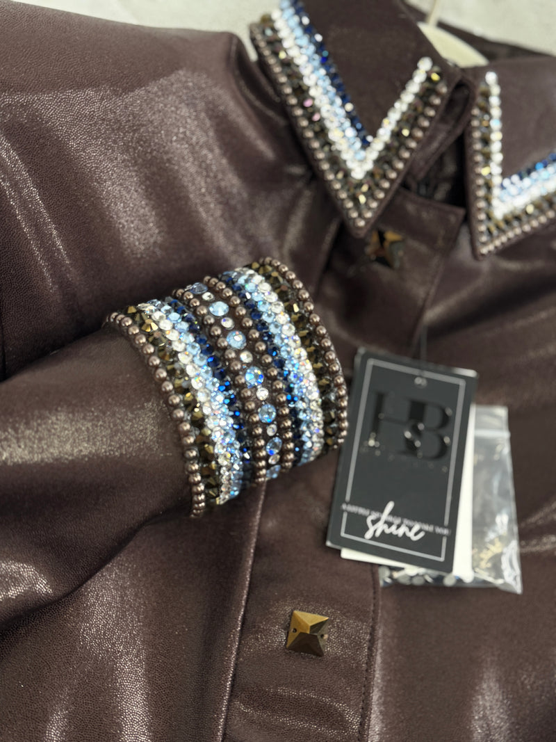 GLITZY Espresso Brown w/ Baby Blue Melted Metals Stretch Day Shirt 1365