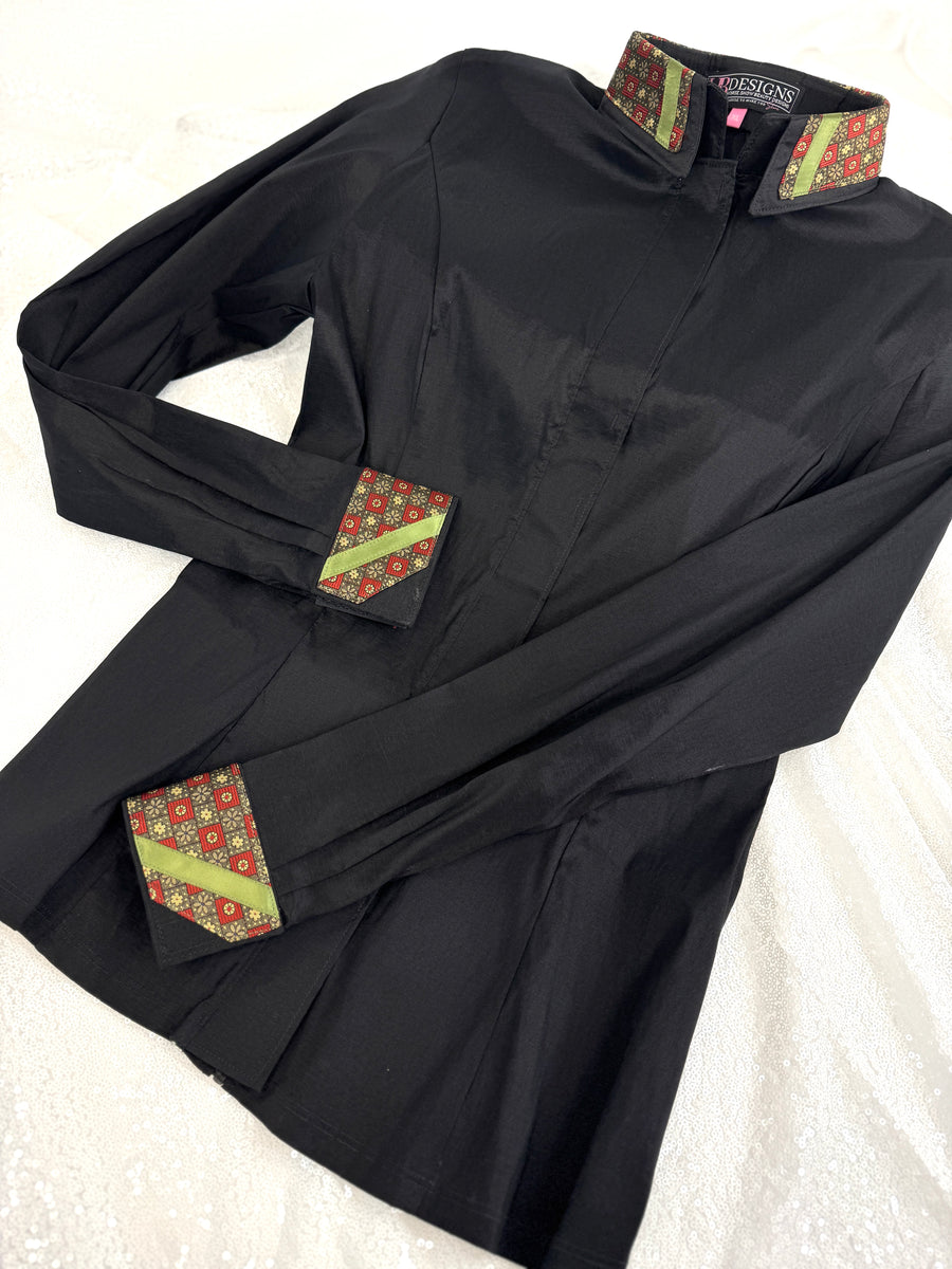 *FLASH SALE* TAILORED by HSBD Black w/ Terracotta and Green Silk Accent Stretch Taffeta Day Shirt 1008