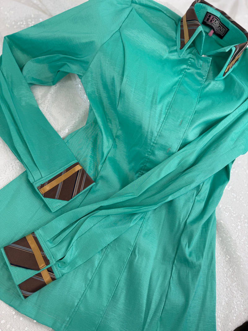 TAILORED by HSBD Seafoam w/ Brown & Gold Silk Accent Stretch Taffeta Day Shirt 1011