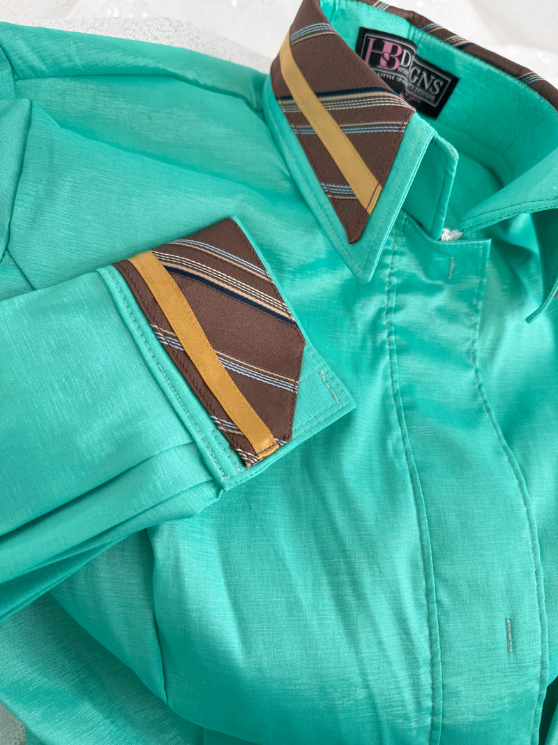 TAILORED by HSBD Seafoam w/ Brown & Gold Silk Accent Stretch Taffeta Day Shirt 1011