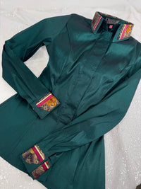 TAILORED by HSBD Emerald Green w/ Gold & Berry Silk Accent Stretch Taffeta Day Shirt 1013