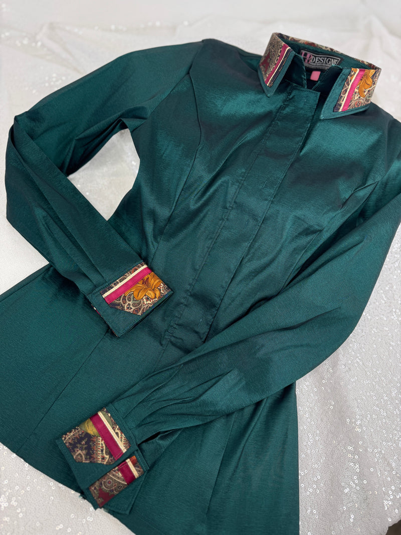 TAILORED by HSBD Emerald Green w/ Gold & Berry Silk Accent Stretch Taffeta Day Shirt 1013