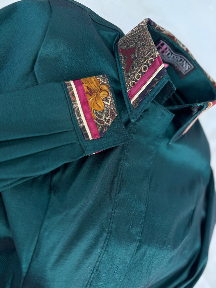 TAILORED by HSBD Emerald Green w/ Gold & Berry Silk Accent Stretch Taffeta Day Shirt 1013