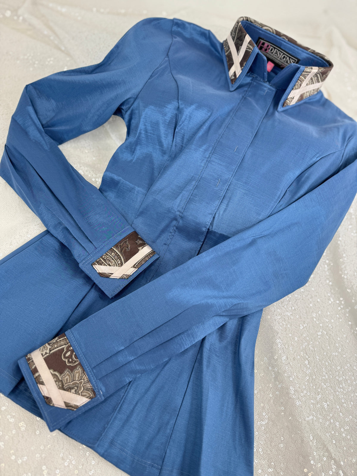 TAILORED by HSBD Denim w/ Taupe and Grey Paisley Silk Accent Stretch Taffeta Day Shirt 1014