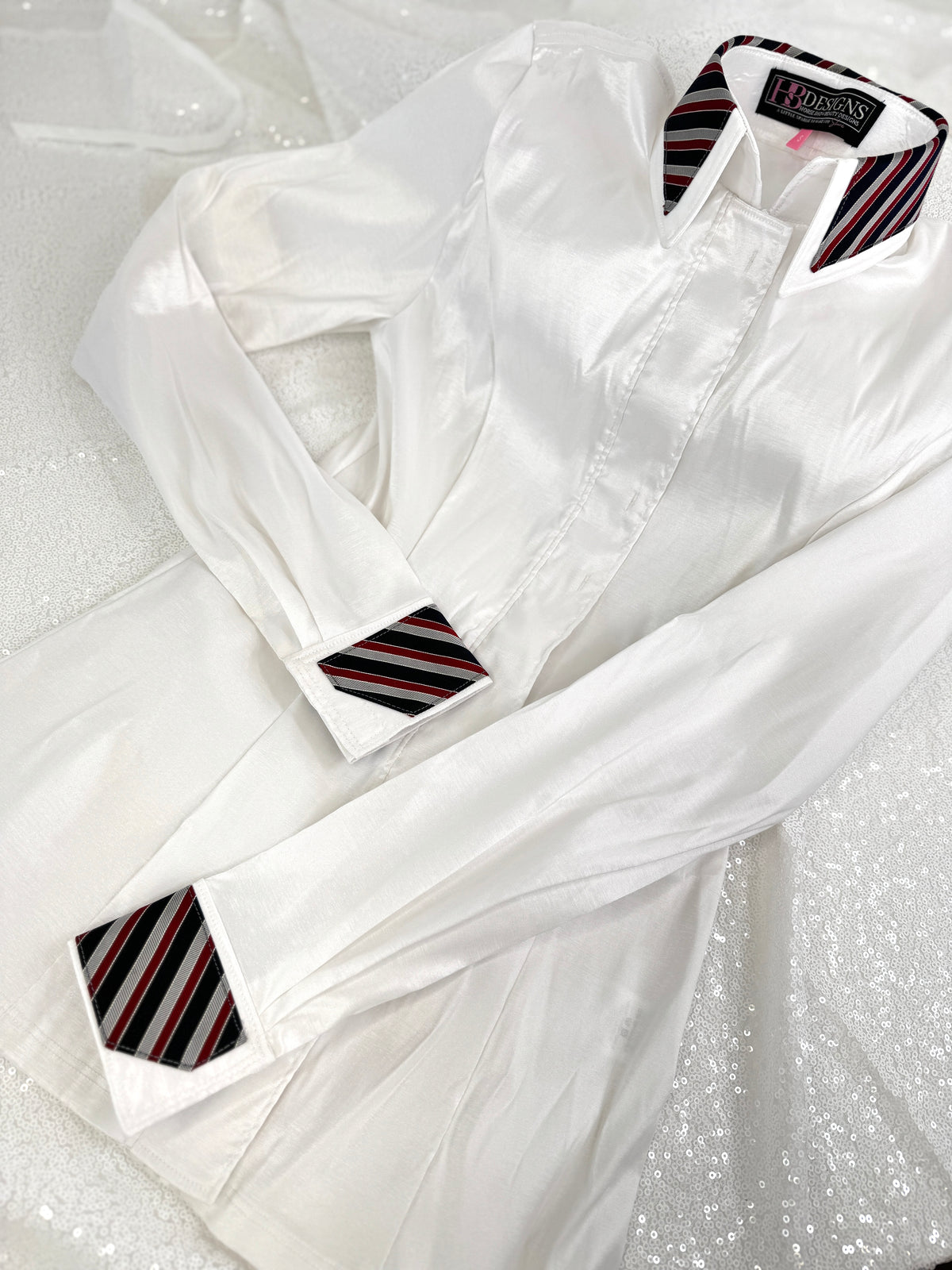 TAILORED by HSBD White w/ Navy & Red Striped Silk Accent Stretch Taffeta Day Shirt 1016