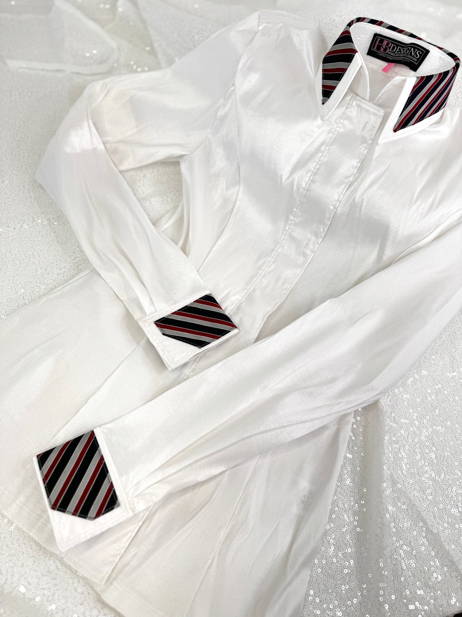*FLASH SALE* TAILORED by HSBD White w/ Navy & Red Striped Silk Accent Stretch Taffeta Day Shirt 1016
