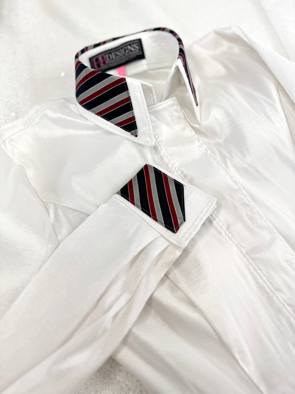 TAILORED by HSBD White w/ Navy & Red Striped Silk Accent Stretch Taffeta Day Shirt 1016