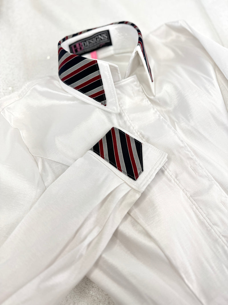 TAILORED by HSBD White w/ Navy & Red Striped Silk Accent Stretch Taffeta Day Shirt 1016