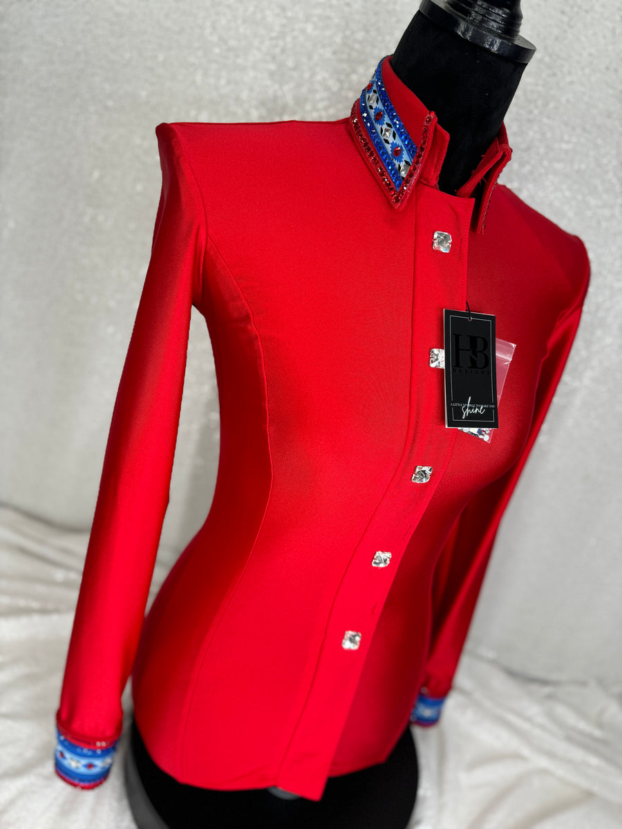 LUXE SOUTHWESTERN Bright Red and Royal Blue Stretch Spandex Day Shirt 1166