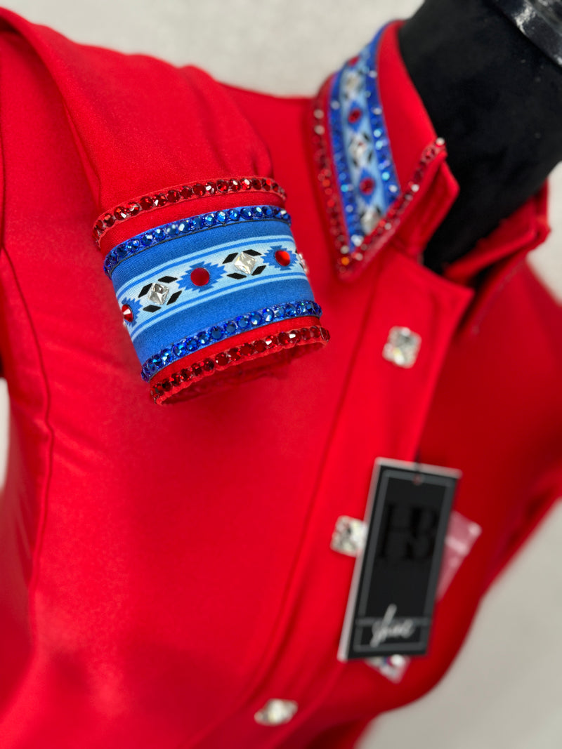 LUXE SOUTHWESTERN Bright Red and Royal Blue Stretch Spandex Day Shirt