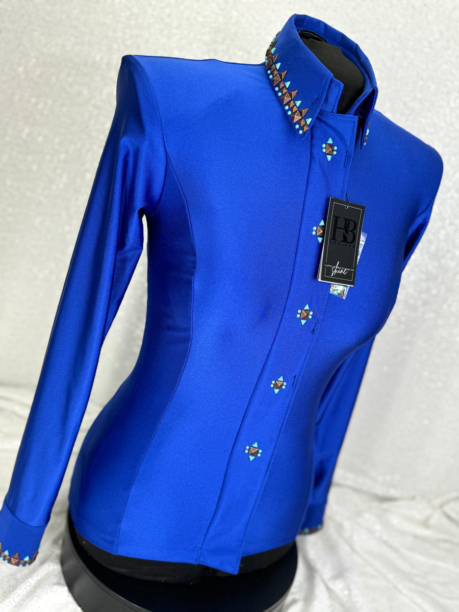 SIMPLY SOUTHWESTERN Royal Blue, Copper and Turquoise Shiny Spandex Day Shirt 1033