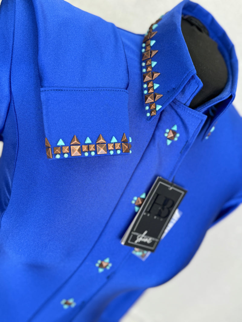 SIMPLY SOUTHWESTERN Royal Blue, Copper and Turquoise Shiny Spandex Day Shirt