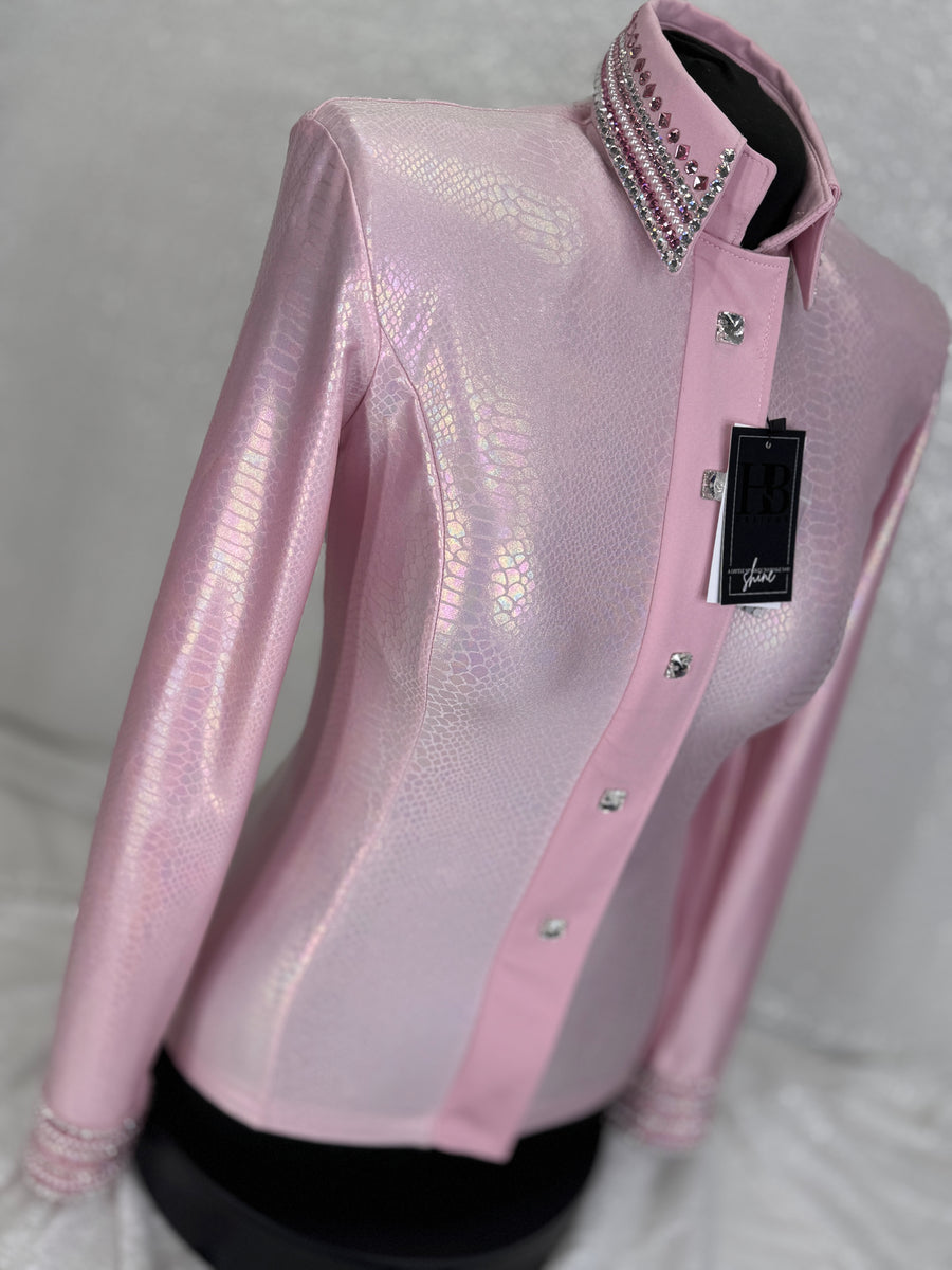 GLITZY Baby Pink w/ Contrast Snakeskin Stretch Spandex Day Shirt 1267