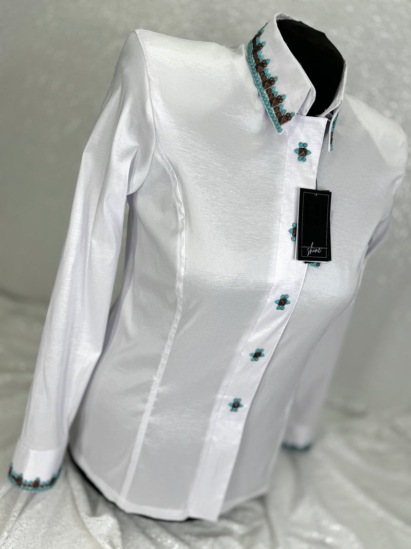 SIMPLY SOUTHWESTERN White, Copper and Turquoise Stretch Taffeta Day Shirt