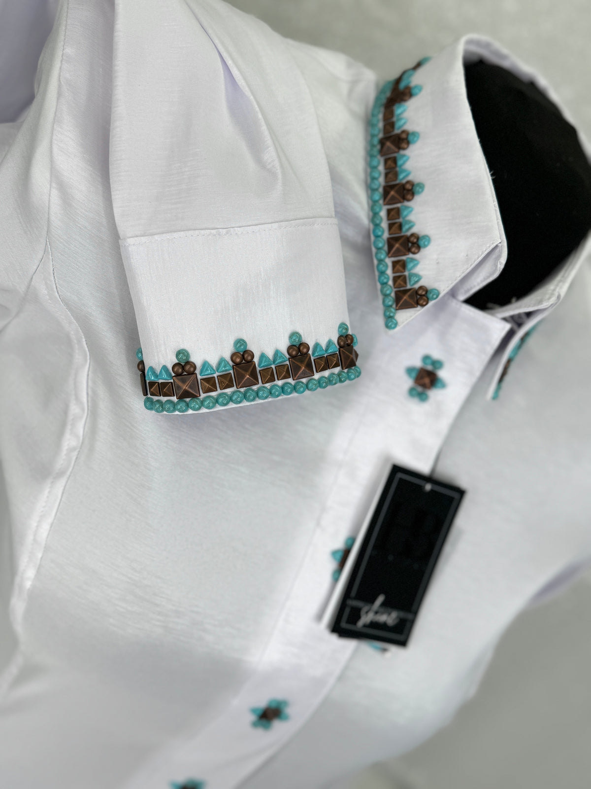 SIMPLY SOUTHWESTERN White, Copper and Turquoise Stretch Taffeta Day Shirt